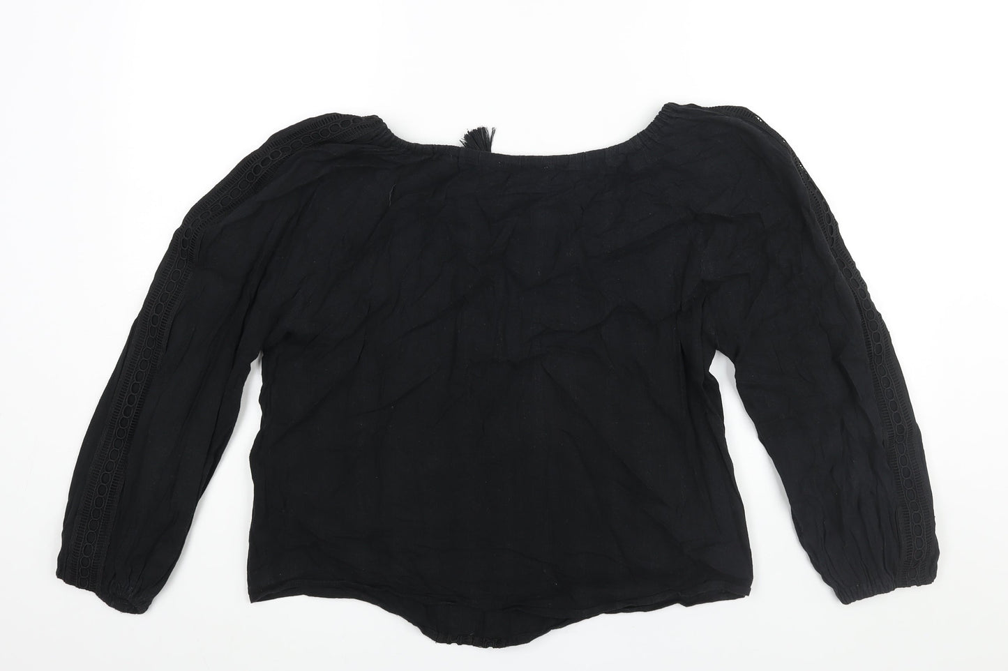 JustFab Womens Black Cotton Basic Blouse Size L V-Neck - Tassle Tie Keyhole Neck Embroidered Detail