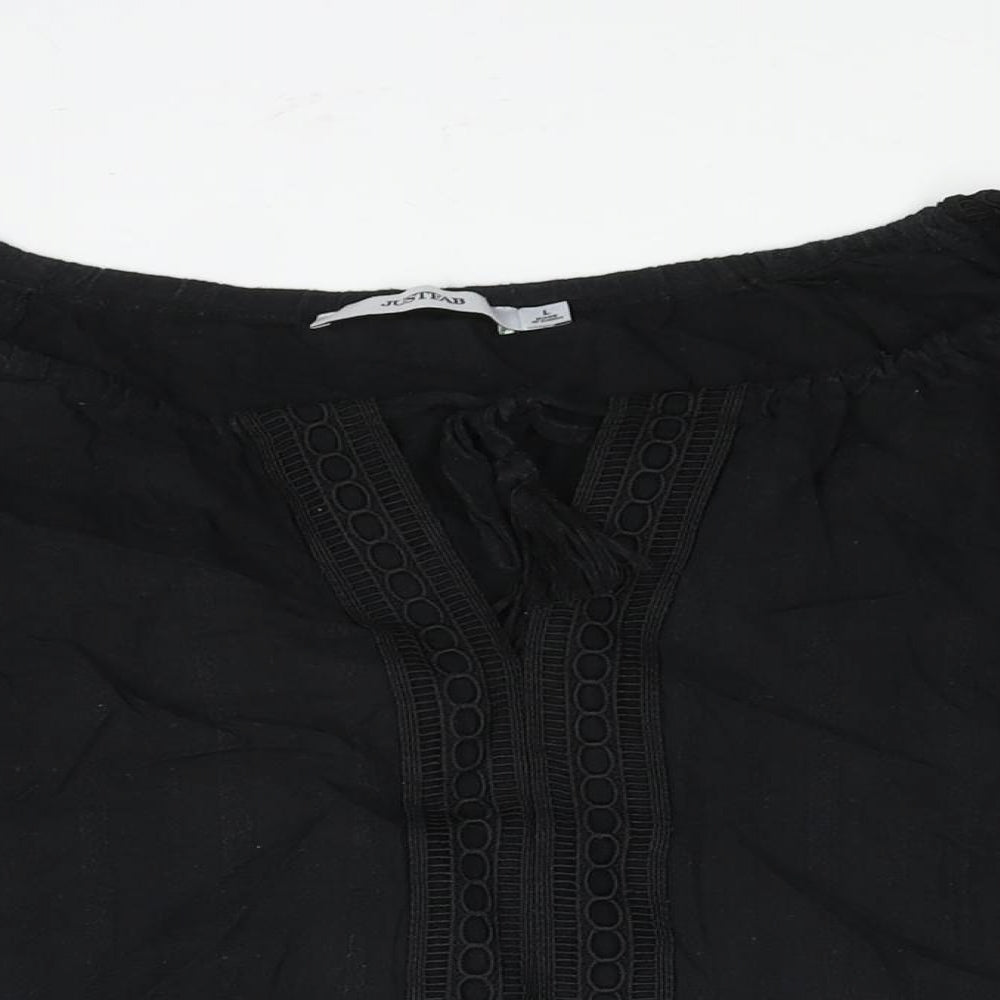 JustFab Womens Black Cotton Basic Blouse Size L V-Neck - Tassle Tie Keyhole Neck Embroidered Detail