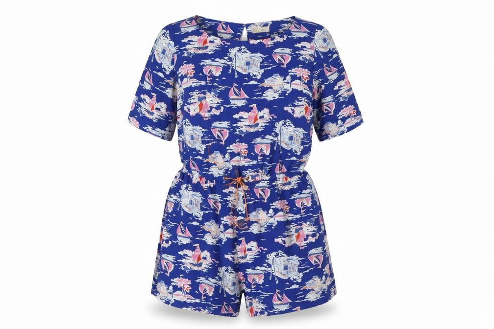 Love Label Womens Blue Geometric Polyester Playsuit One-Piece Size 10 L3 in Button - Boat Print Drawstring Waist