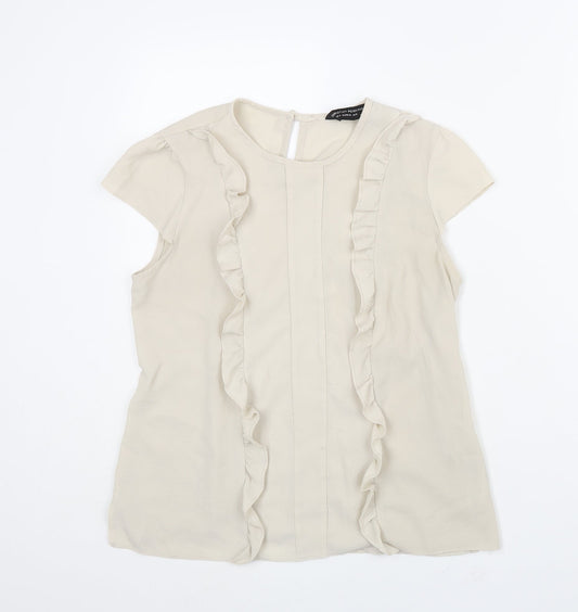 Dorothy Perkins Womens Beige Polyester Basic Blouse Size 12 Round Neck - Frill Detail