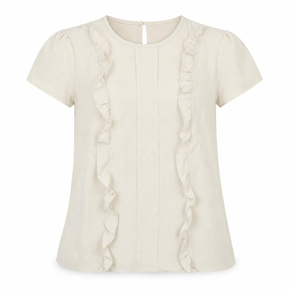 Dorothy Perkins Womens Beige Polyester Basic Blouse Size 12 Round Neck - Frill Detail