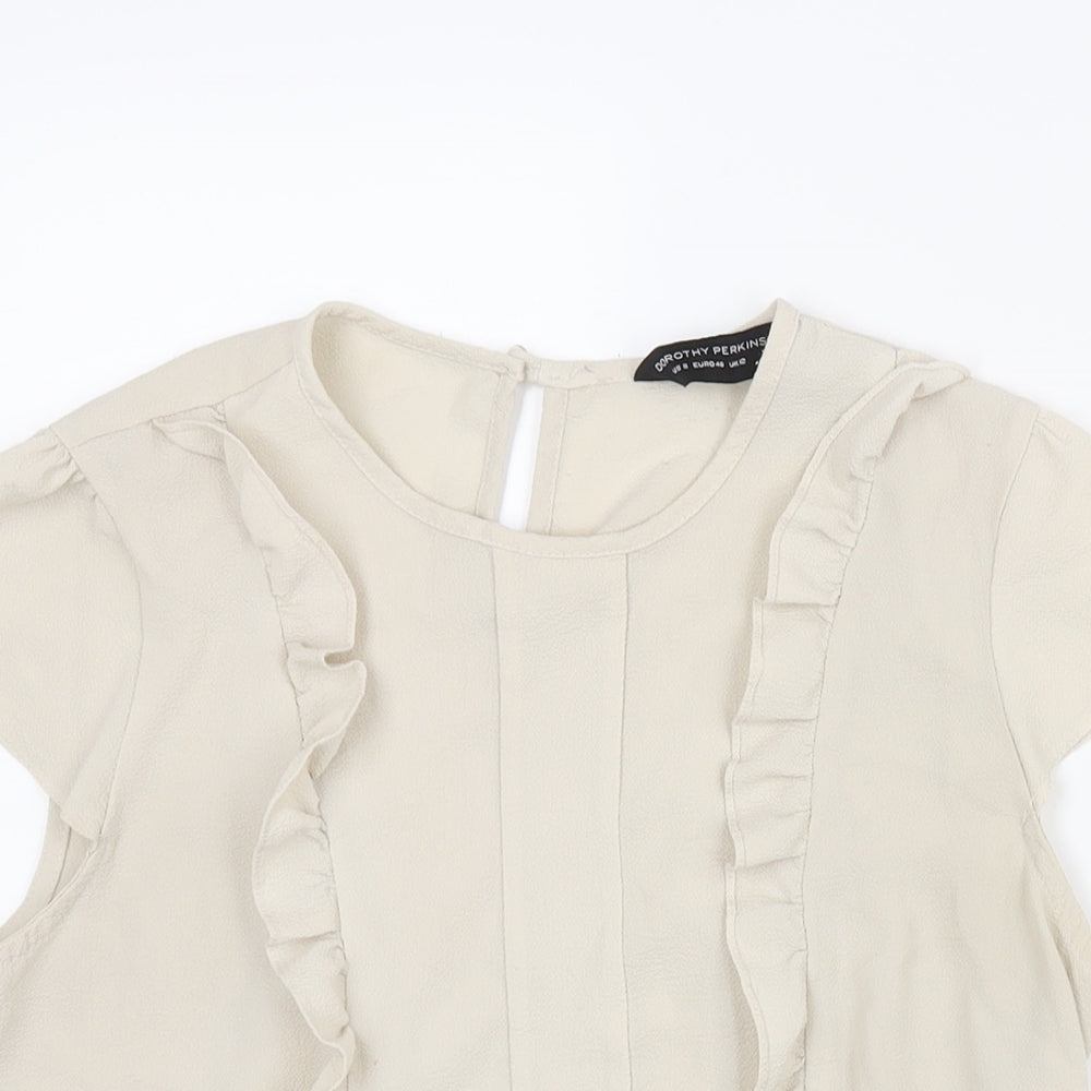 Dorothy Perkins Womens Beige Polyester Basic Blouse Size 12 Round Neck - Frill Detail