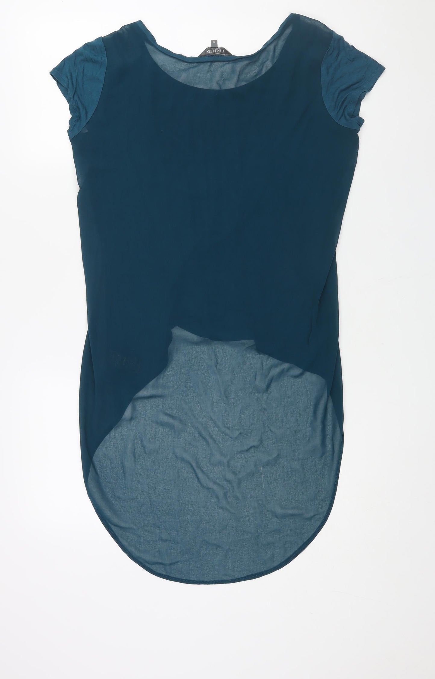 Limited Collection Womens Blue Viscose Basic Blouse Size 12 Round Neck - Hi Low Hem Semi Sheer Back