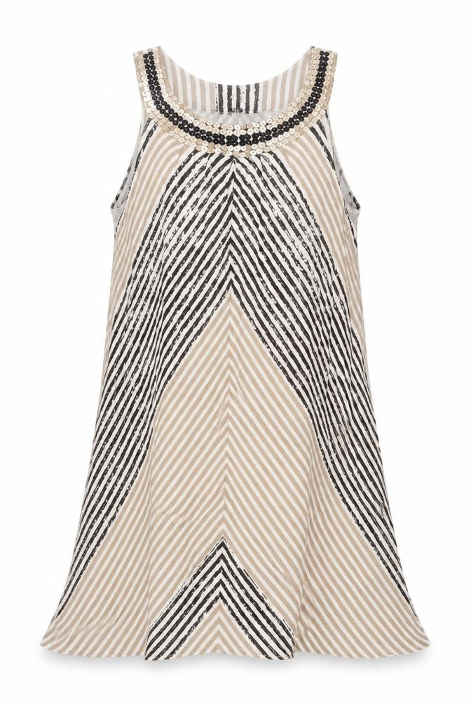 Hanna Darsa Womens Beige Striped Viscose A-Line Size L Round Neck Pullover - Sequin Collar