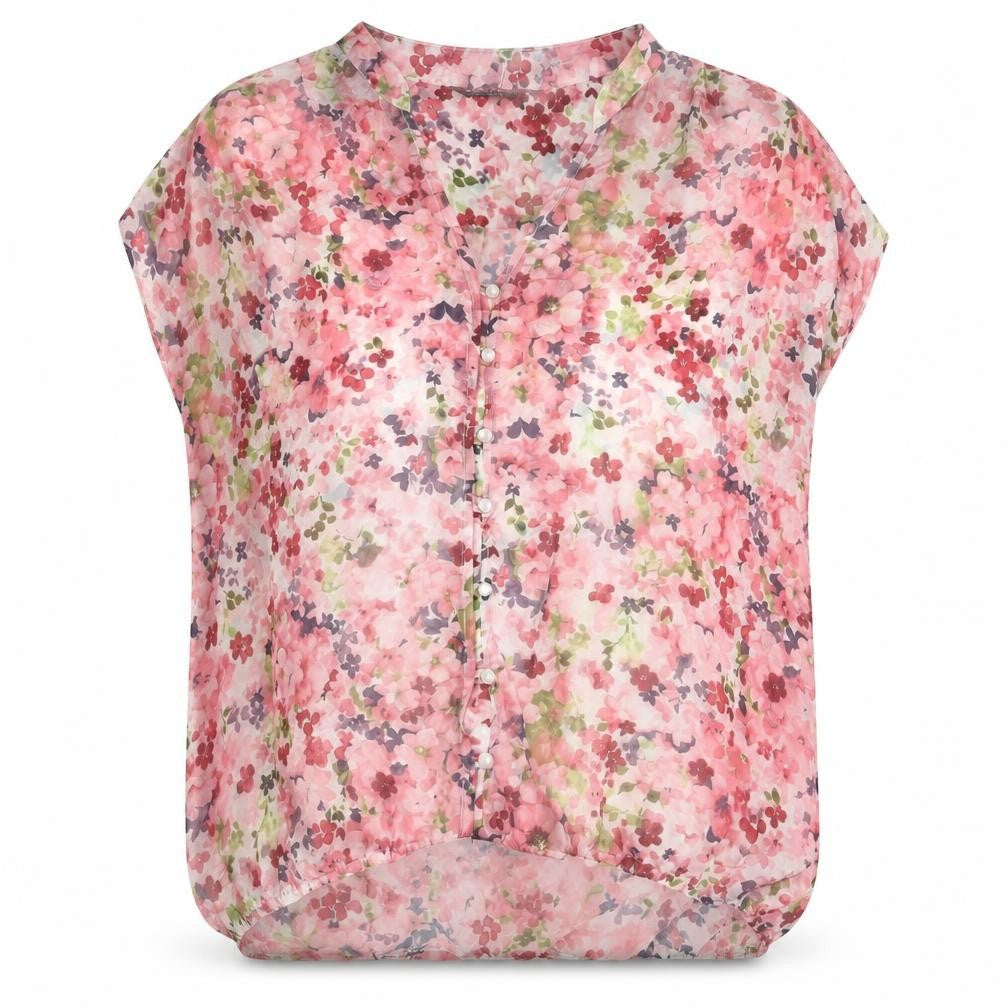 Marina Kaneva Womens Pink Floral Polyester Basic Blouse Size 12 V-Neck - Semi Sheer