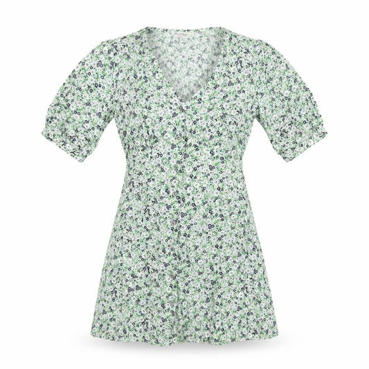 Front view of Miss Selfridge women’s green floral viscose mini, size UK 6, v-neck button - belted