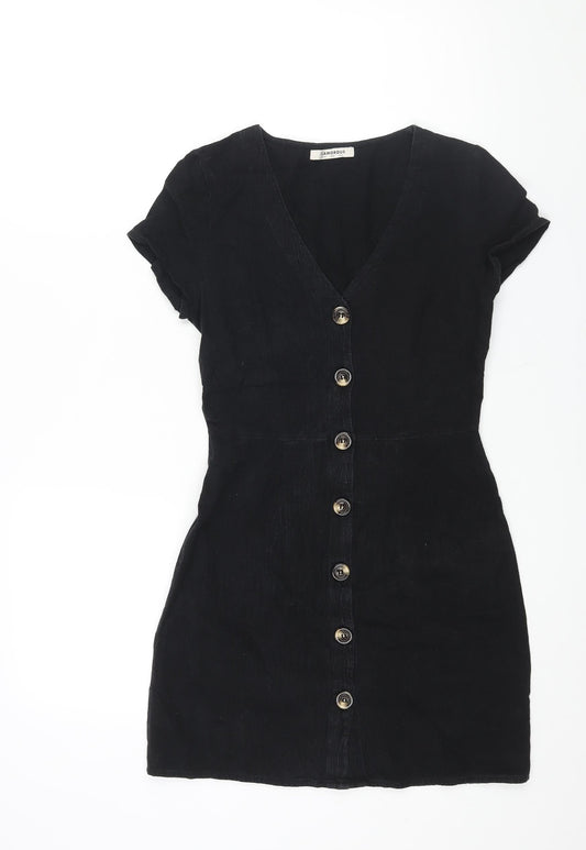 Glamorous Womens Black Cotton Mini Size 8 V-Neck Button
