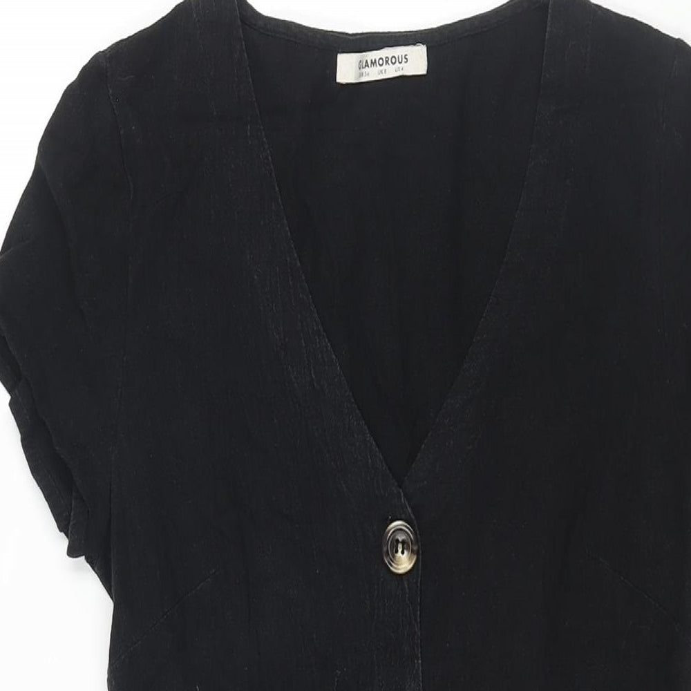 Glamorous Womens Black Cotton Mini Size 8 V-Neck Button