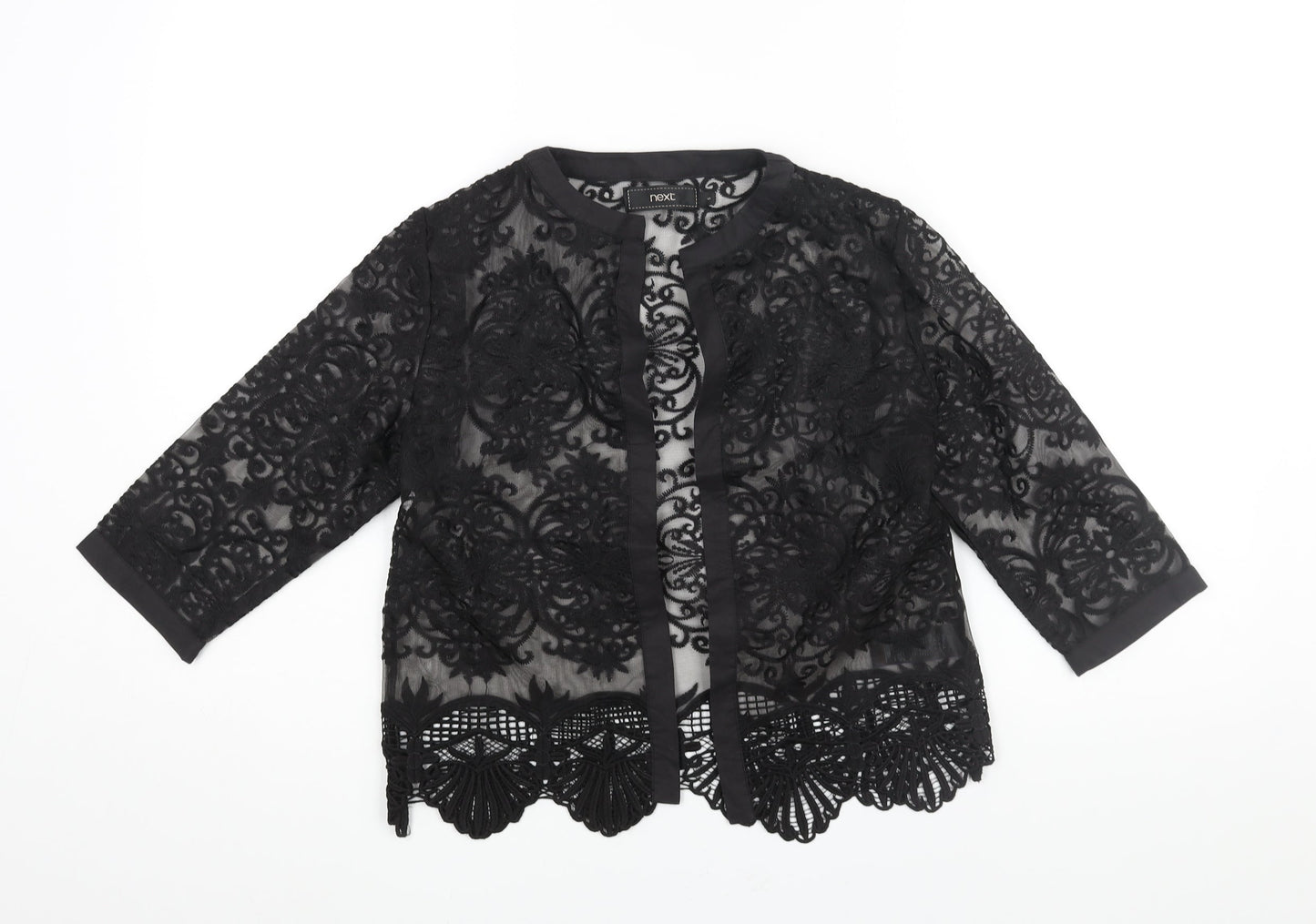 NEXT Womens Black Geometric Polyester Kimono Blouse Size S V-Neck - Semi Sheer Embroidered Lace Hem