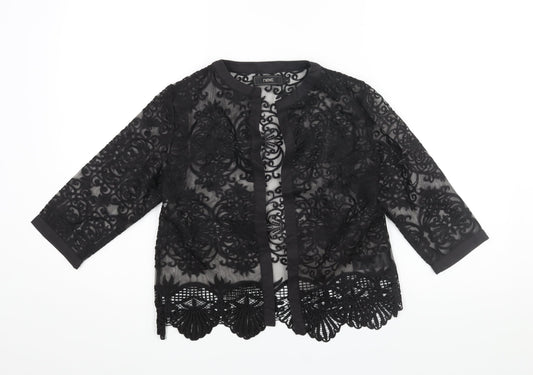 NEXT Womens Black Geometric Polyester Kimono Blouse Size S V-Neck - Semi Sheer Embroidered Lace Hem