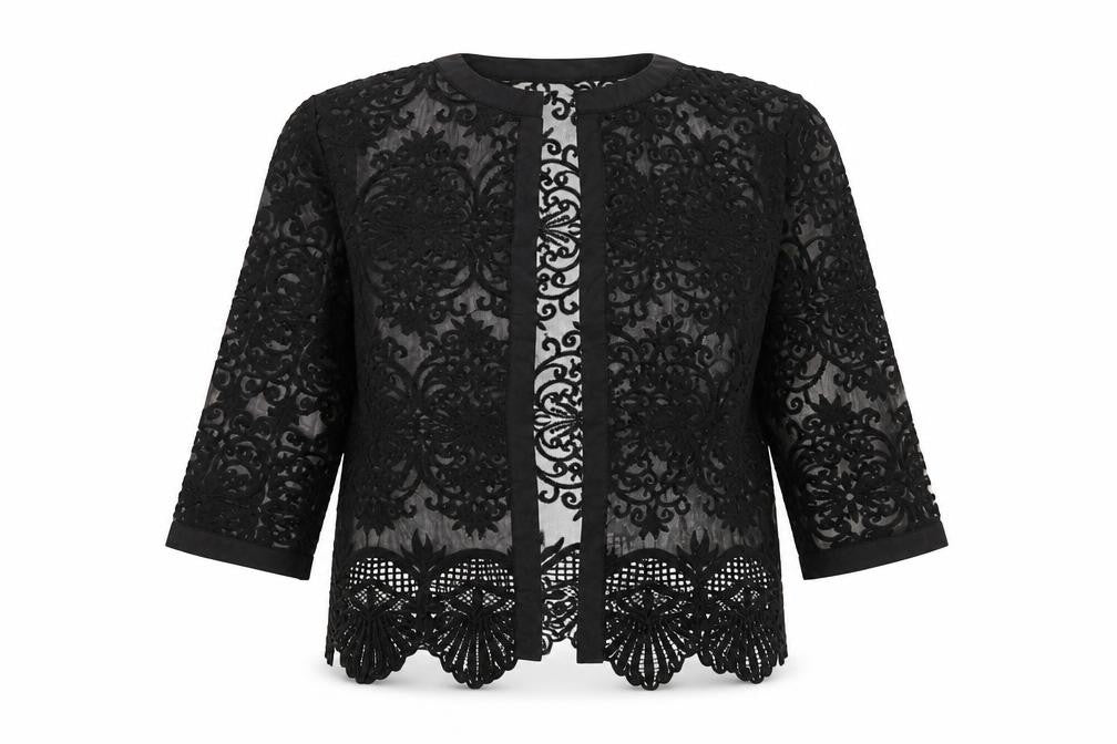 Next Womens Black Geometric Polyester Kimono Blouse Size S V-Neck - Semi Sheer Embroidered Lace Hem