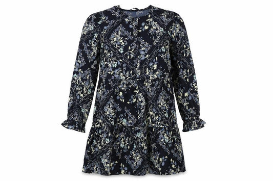 Marks & Spencer Womens Blue Geometric Polyester Shift Size 10 Round Neck Button - Floral Diamon Print Smocked