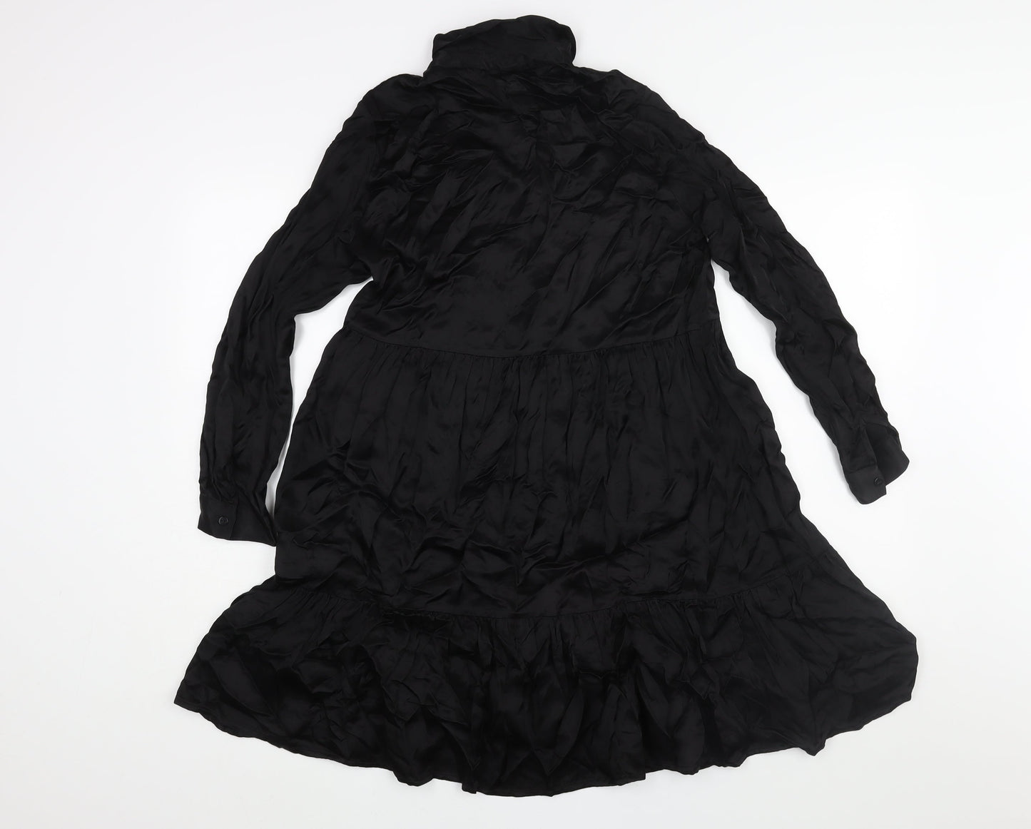 Zara Womens Black Polyester A-Line Size XS Collared Button - Smocked