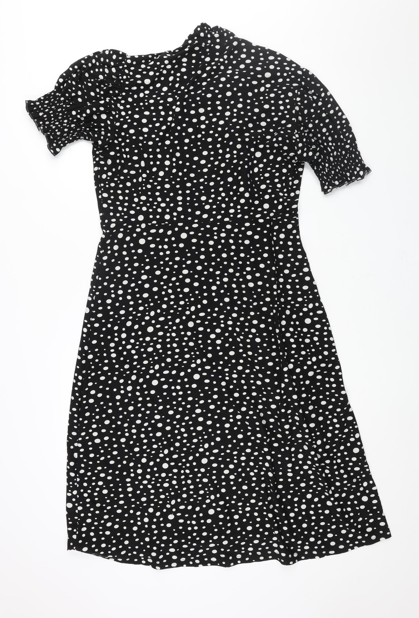 QED London Womens Black Geometric Polyester Shift Size M Round Neck Pullover - Tie Detail Spotted
