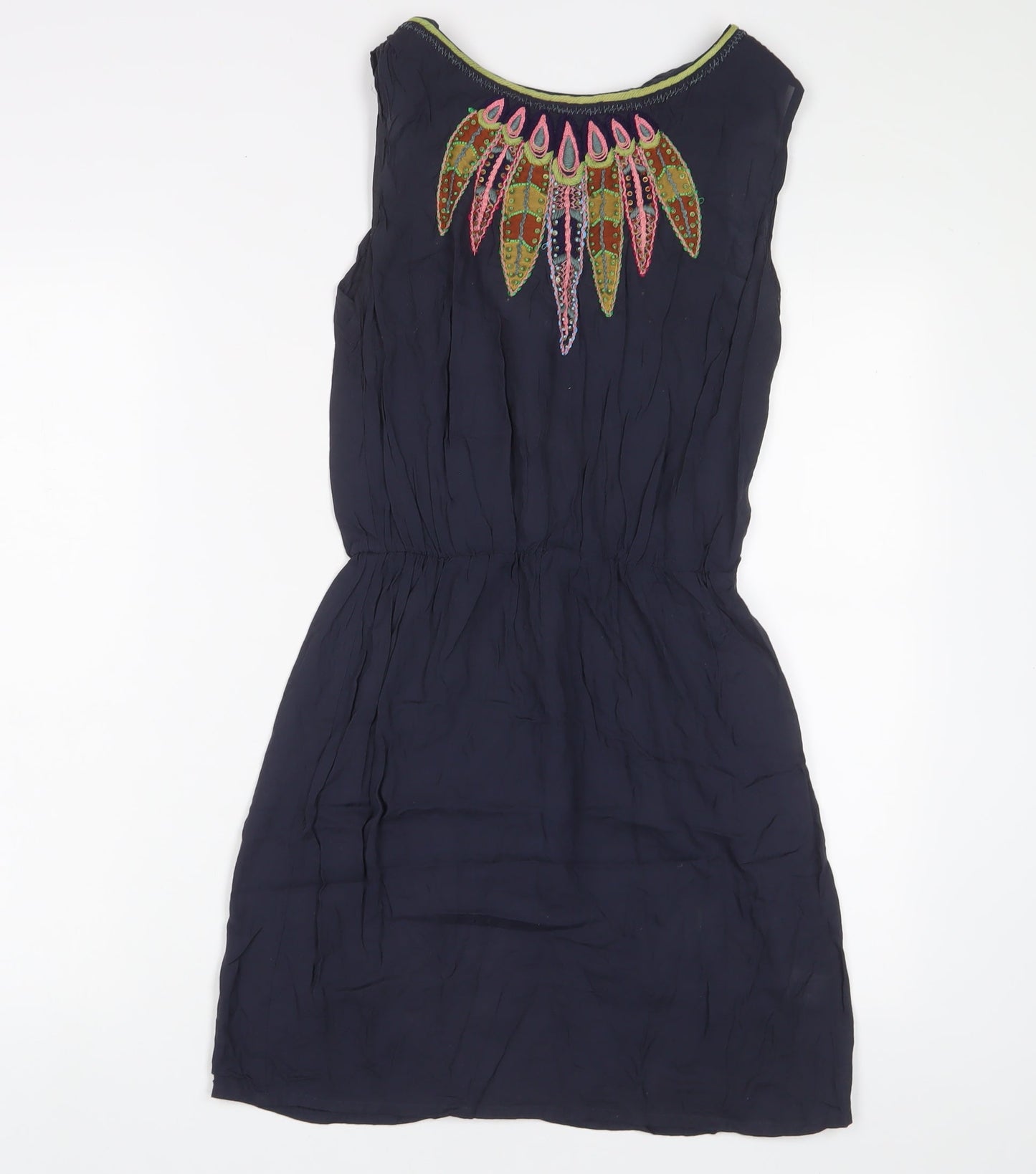 Warehouse Womens Blue Viscose A-Line Size 8 Boat Neck Tie - Embroidered, Beaded