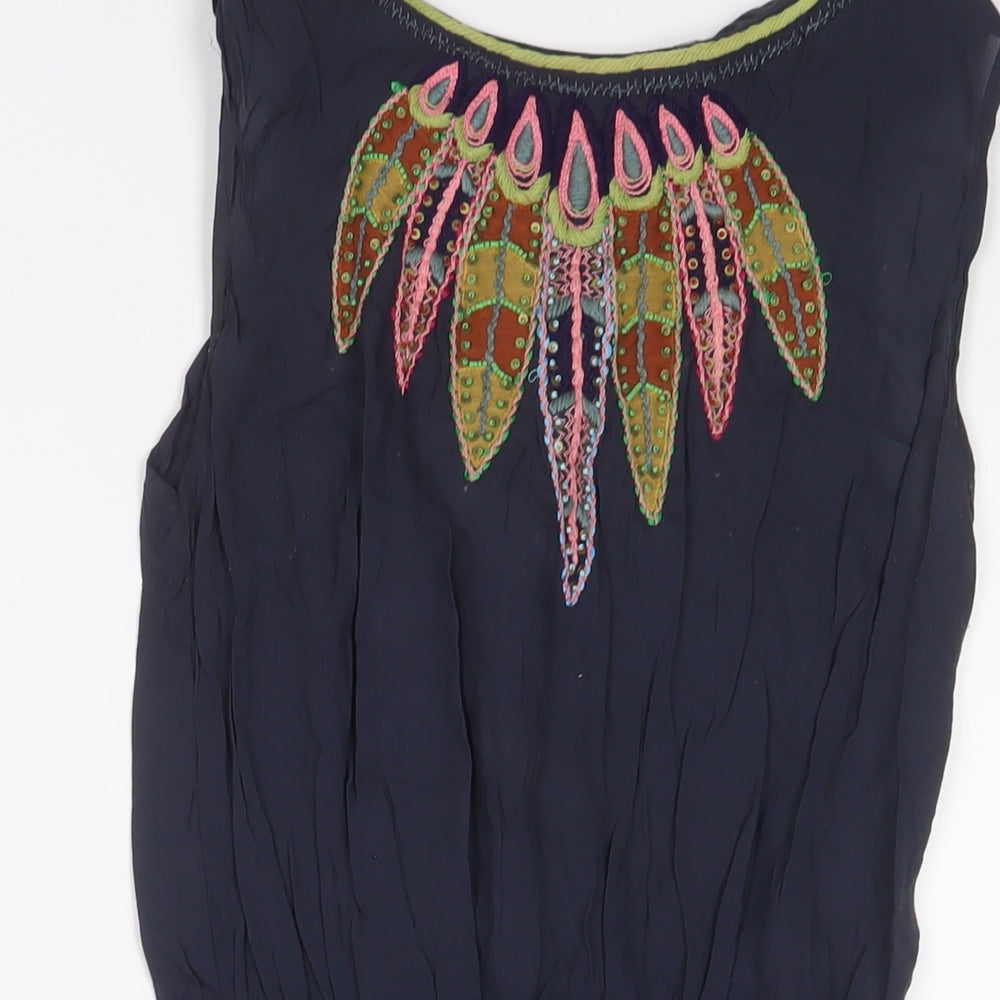 Warehouse Womens Blue Viscose A-Line Size 8 Boat Neck Tie - Embroidered, Beaded