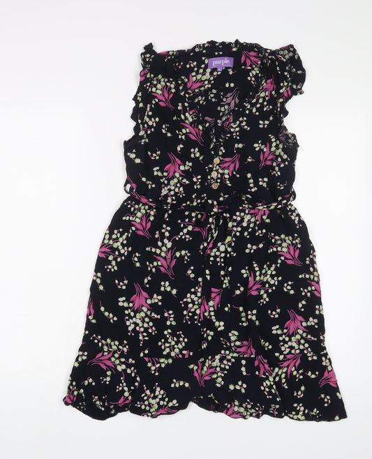 Purple Womens Multicoloured Floral Viscose A-Line Size S V-Neck Button - Frill, Belted