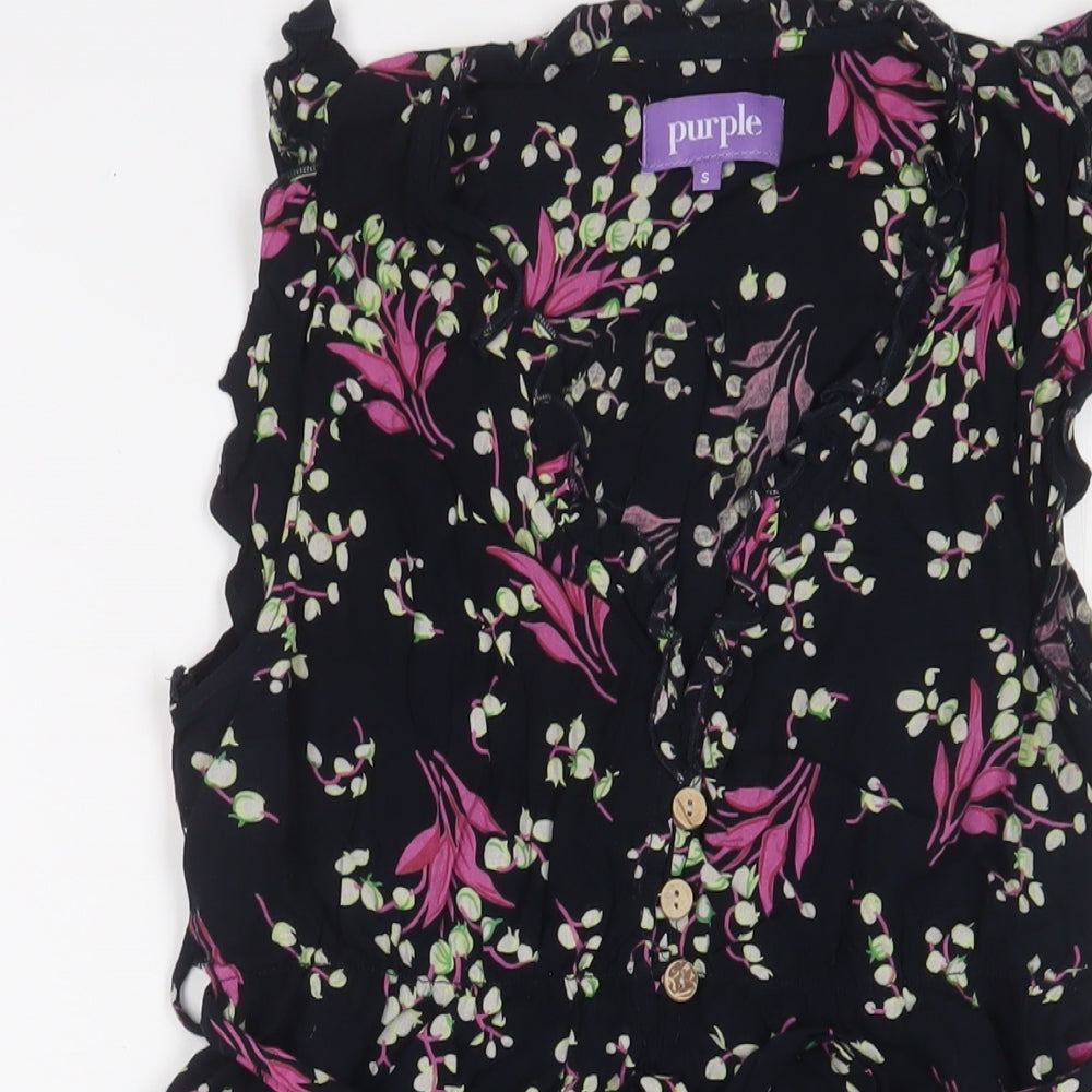 Purple Womens Multicoloured Floral Viscose A-Line Size S V-Neck Button - Frill, Belted