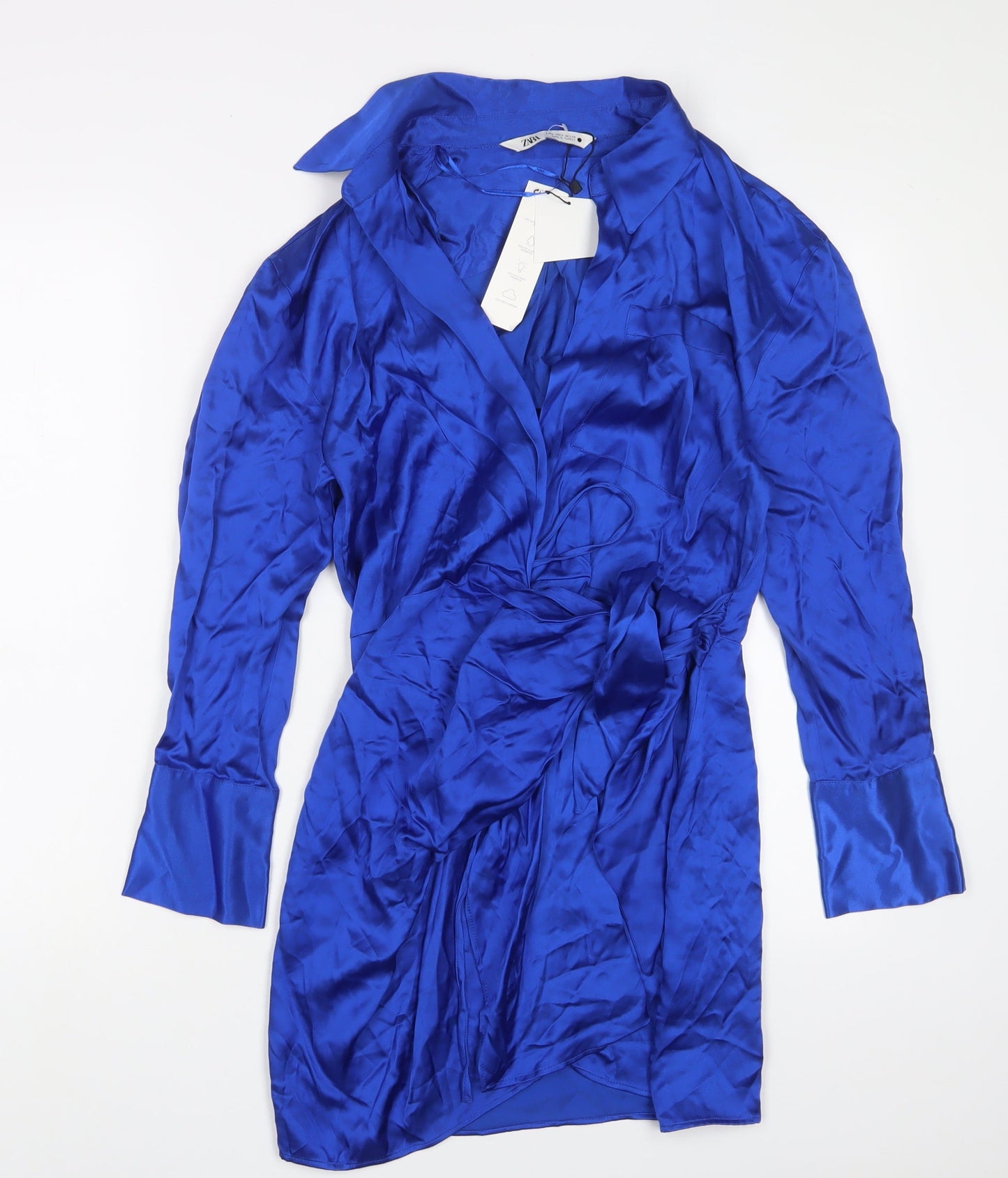Zara Womens Blue Viscose Wrap Dress Size 12 V-Neck Tie - Belted