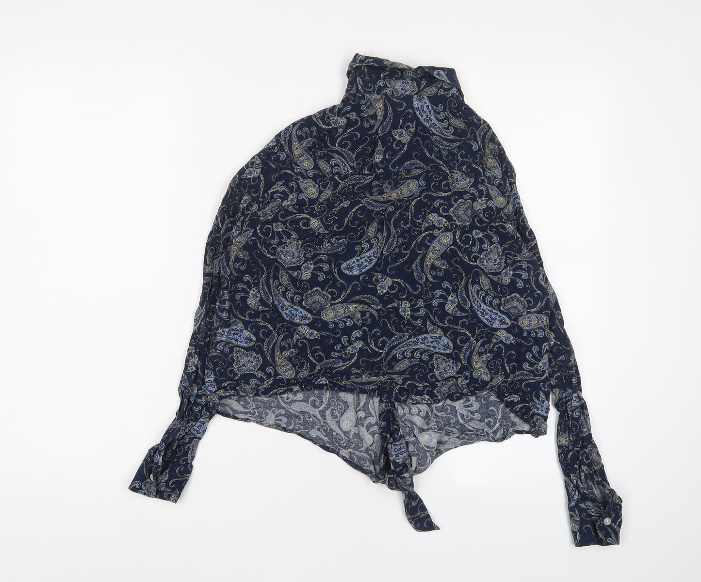H&M Womens Blue Fair Isle Viscose Basic Button-Up Size 10 Collared - Tie Front
