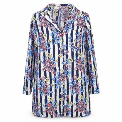 Front view of ASOS women’s multicoloured geometric viscose a-line, size UK 10, collared button