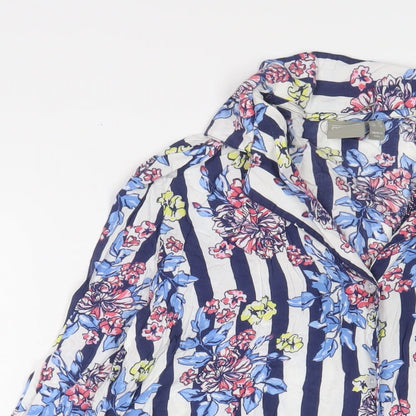 Close-up detail of ASOS women’s multicoloured geometric viscose a-line, size UK 10, collared button