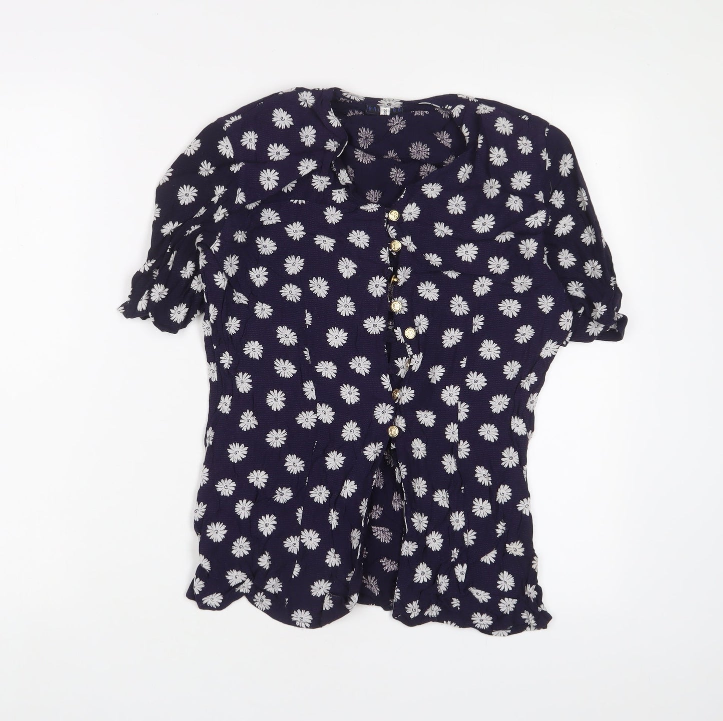 Encadee Womens Blue Floral Viscose Basic Button-Up Size 10 V-Neck