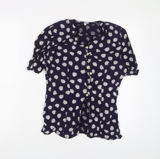 Encadee Womens Blue Floral Viscose Basic Button-Up Size 10 V-Neck