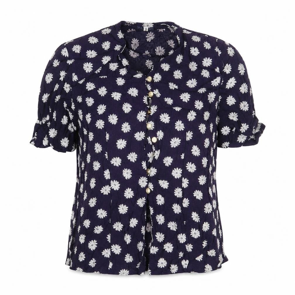 Encadee Womens Blue Floral Viscose Basic Button-Up Size 10 V-Neck
