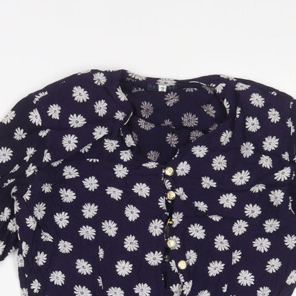 Encadee Womens Blue Floral Viscose Basic Button-Up Size 10 V-Neck