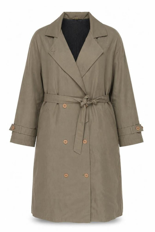 Front view of C&A women’s green overcoat coat, size UK 12, button - belted