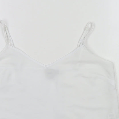 Close-up detail of ASOS women’s white polyester camisole tank, size UK 10, v-neck