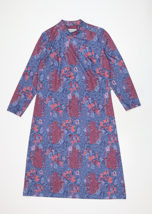 Richard Stump Womens Blue Geometric Polyester Shift Size 14 Round Neck Button
