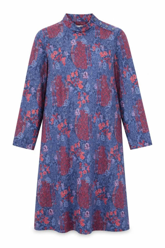 Richard Stump Womens Blue Geometric Polyester Shift Size 14 Round Neck Button