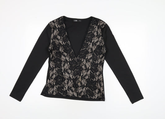 CBR Womens Black Floral Cotton Basic T-Shirt Size S V-Neck