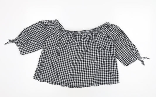 Caution To The Wind Womens Black Geometric Cotton Basic T-Shirt Size M Off the Shoulder - Gingham