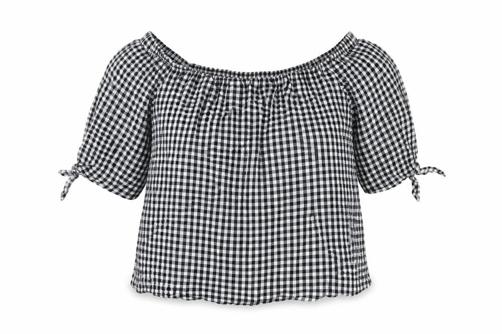 Caution To The Wind Womens Black Geometric Cotton Basic T-Shirt Size M Off the Shoulder - Gingham