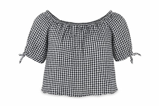 Caution To The Wind Womens Black Geometric Cotton Basic T-Shirt Size M Off the Shoulder - Gingham
