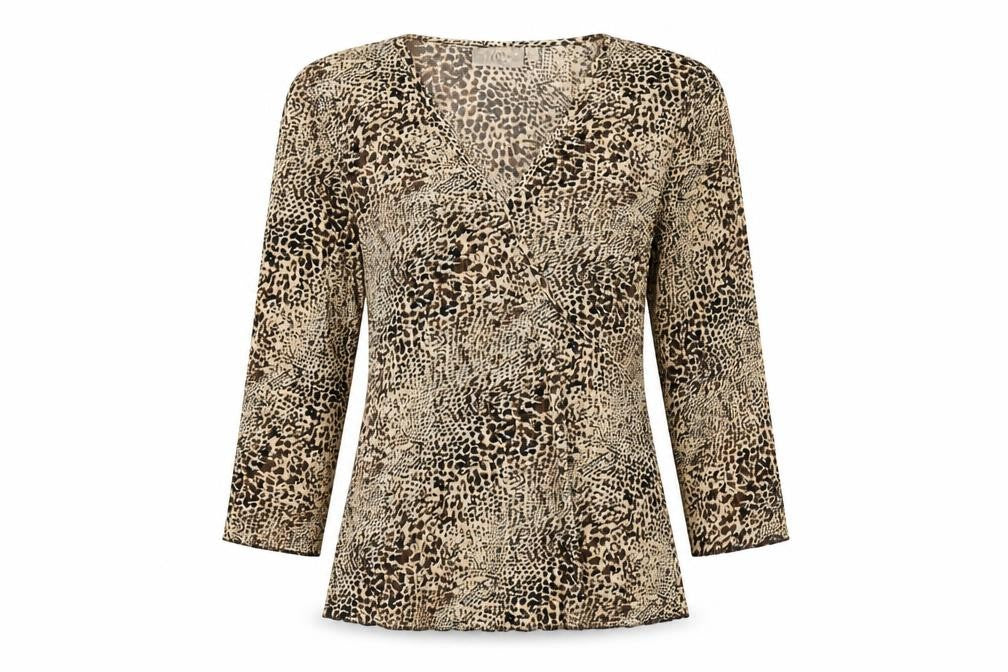Country Casuals Womens Brown Animal Print Polyester Basic T-Shirt Size S V-Neck