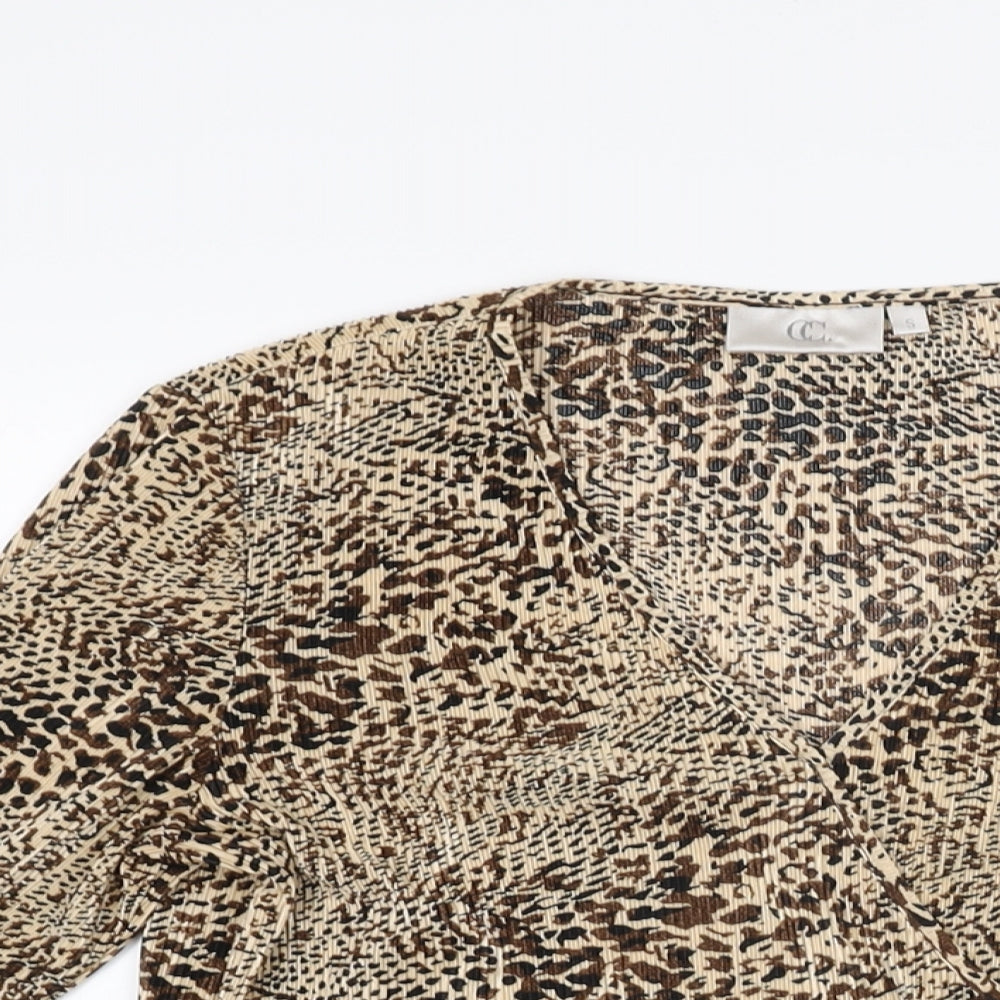 CC Womens Brown Animal Print Polyester Basic T-Shirt Size S V-Neck