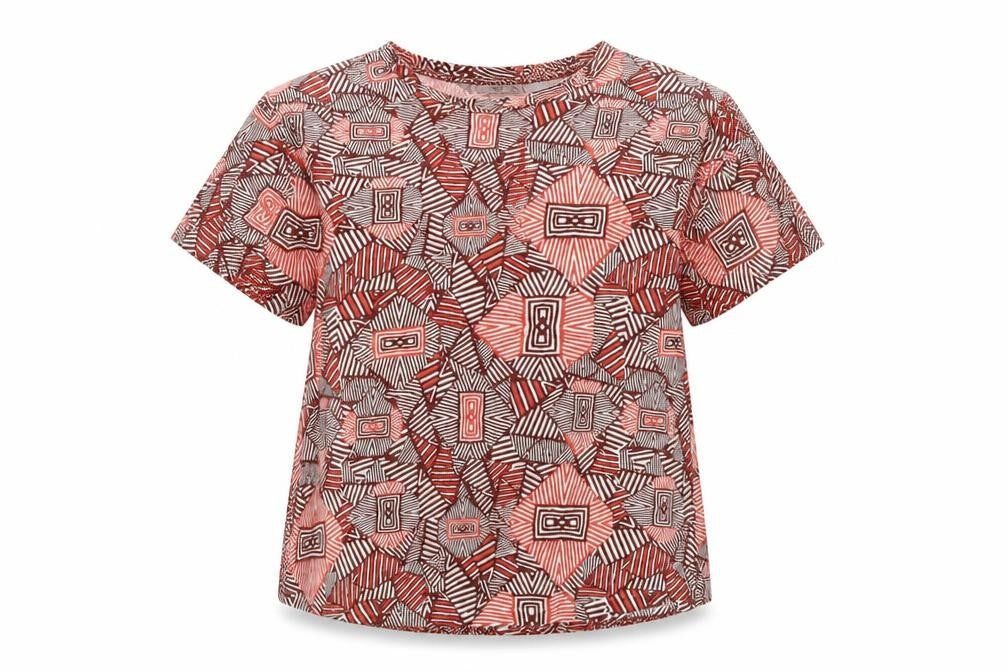 Mango Womens Red Geometric Cotton Basic T-Shirt Size L Round Neck