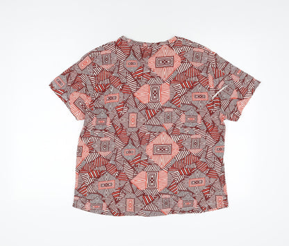 Mango Womens Red Geometric Cotton Basic T-Shirt Size L Round Neck