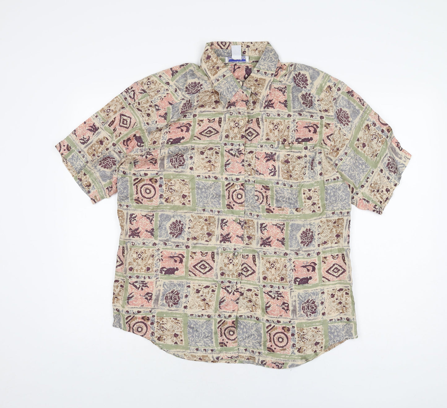Anna and Frank Womens Multicoloured Geometric Silk Basic Button-Up Size M Collared