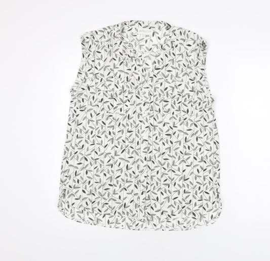 Apricot Womens White Geometric Polyester Basic Button-Up Size 10 V-Neck - Leaf Print