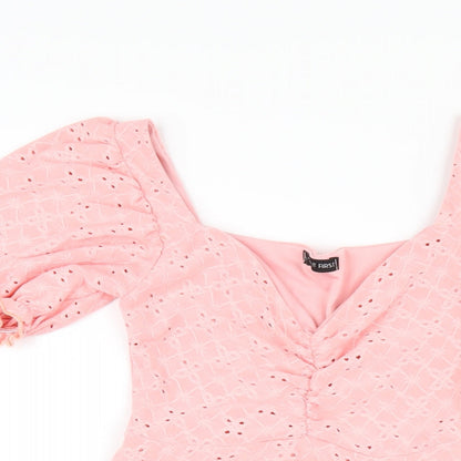 Close-up detail of I SAW IT FIRST women’s pink polyester a-line, size UK 6, v-neck pullover