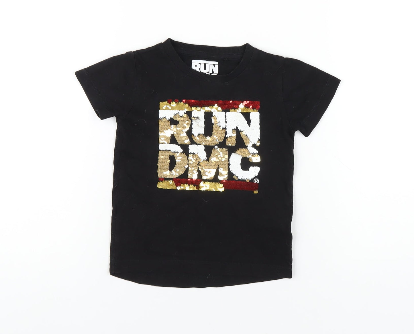 Run DMC Baby Black Cotton Basic T-Shirt Size 12-18 Months Round Neck Pullover - Reversible Sequins