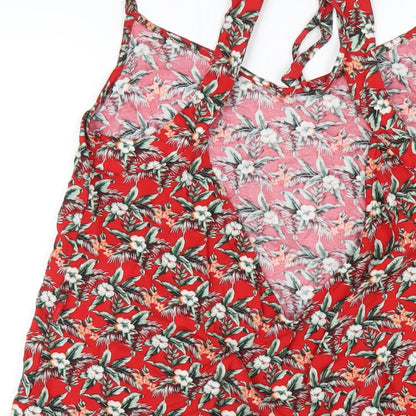 Oasis Womens Red Floral Viscose A-Line Size M V-Neck Pullover