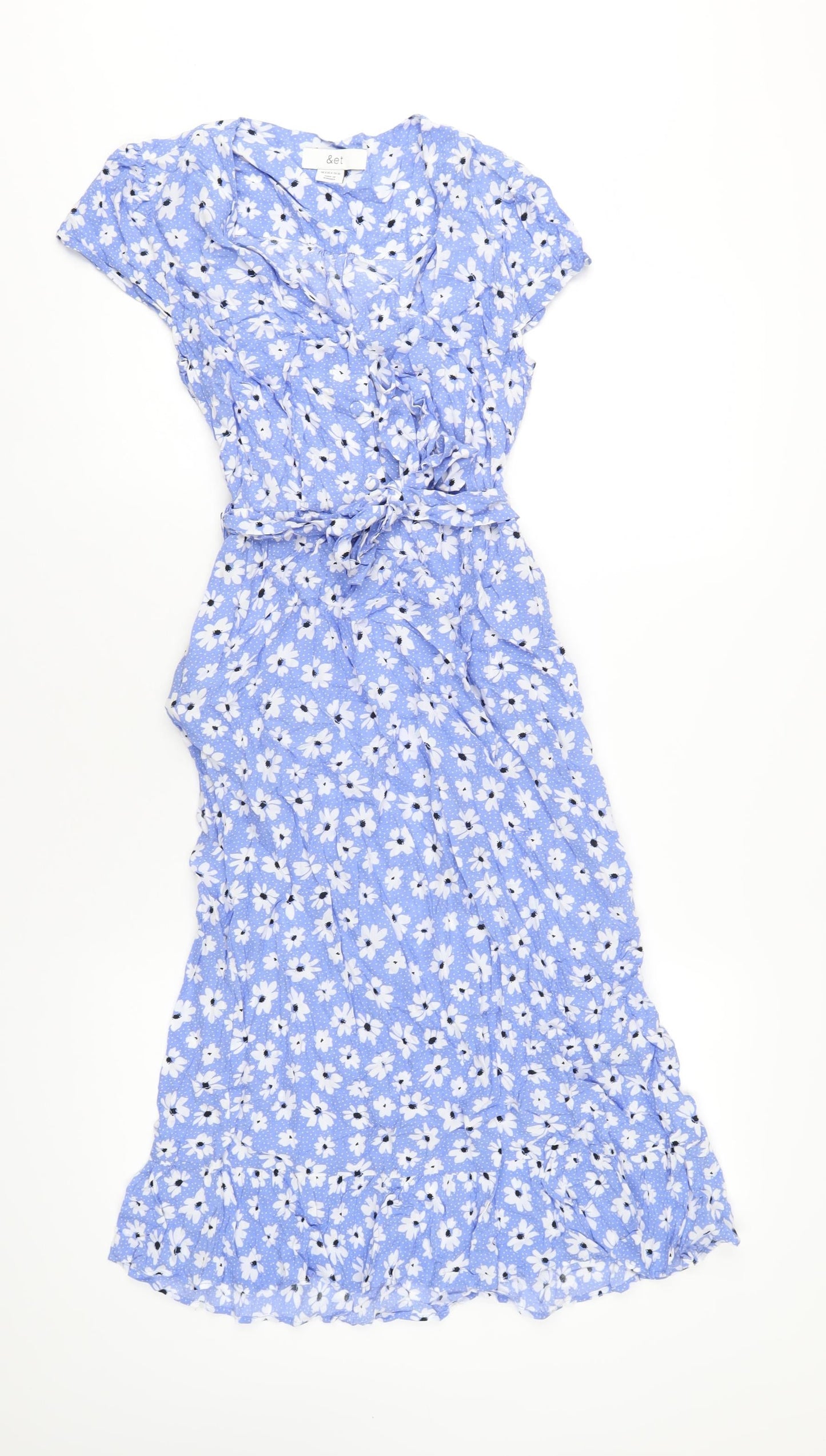 &et Womens Blue Floral Viscose A-Line Size 8 V-Neck Button