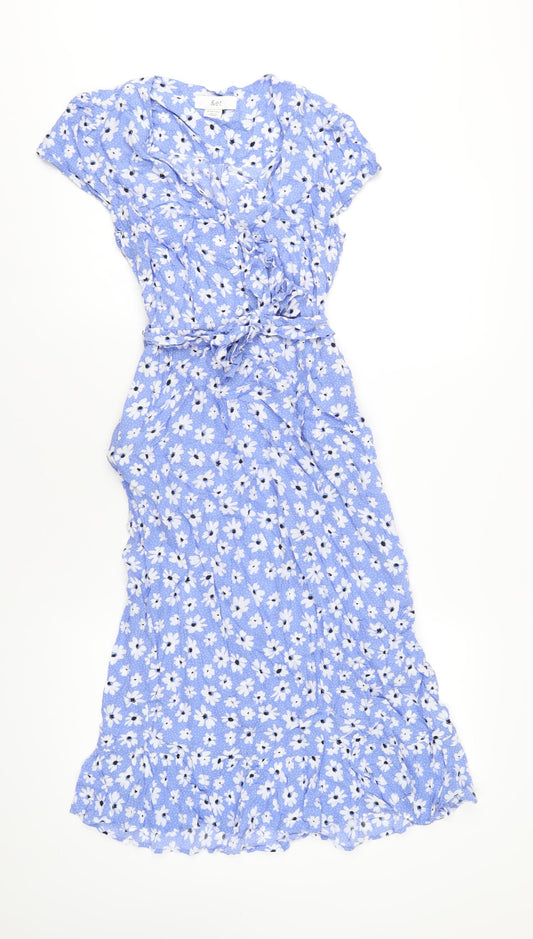 &et Womens Blue Floral Viscose A-Line Size 8 V-Neck Button