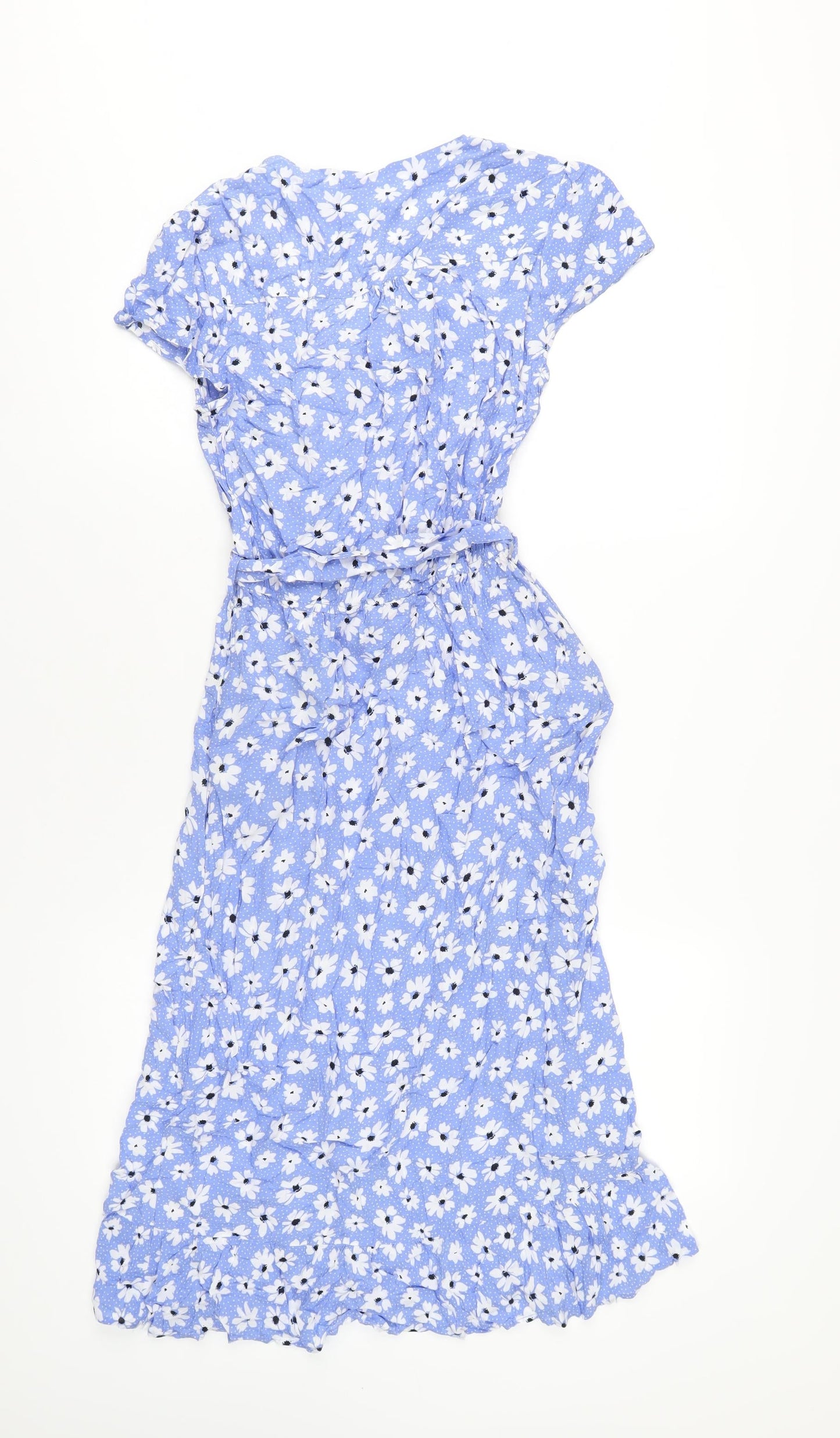 &et Womens Blue Floral Viscose A-Line Size 8 V-Neck Button